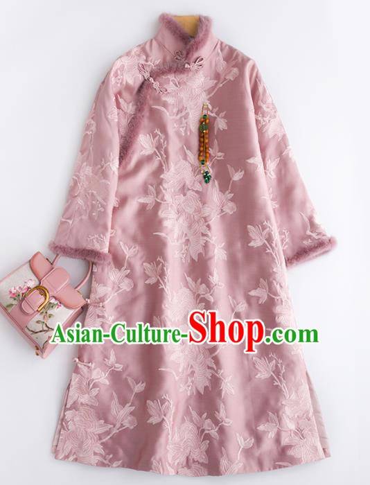 Chinese Traditional National Costume Tang Suit Cheongsam Pink Winter Qipao Dress for Women