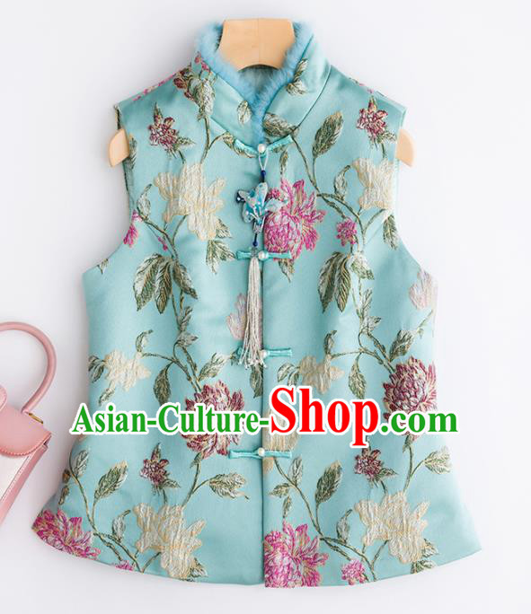 Traditional Chinese National Costume Winter Light Blue Vest Tang Suit Waistcoat for Women