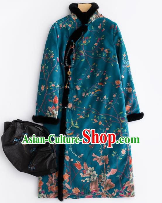 Chinese Traditional Costume National Tang Suit Embroidered Blue Cotton Padded Coat for Women