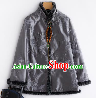 Chinese Traditional National Costume Tang Suit Embroidered Grey Cotton Padded Jacket for Women