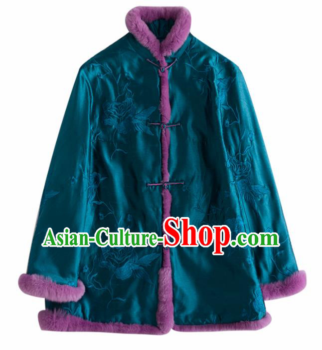 Chinese Traditional National Costume Tang Suit Embroidered Blue Cotton Padded Jacket for Women