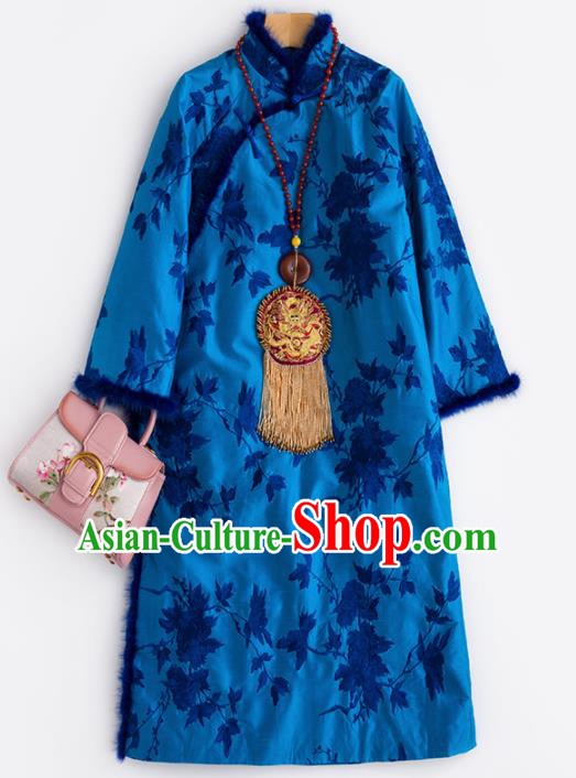 Chinese Traditional National Costume Tang Suit Cheongsam Winter Royalblue Qipao Dress for Women