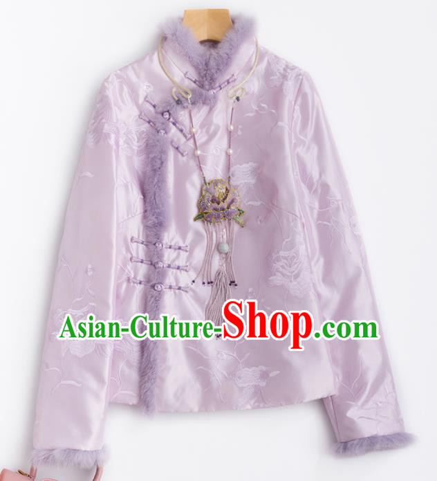 Chinese Traditional National Costume Tang Suit Embroidered Pink Cotton Padded Jacket for Women