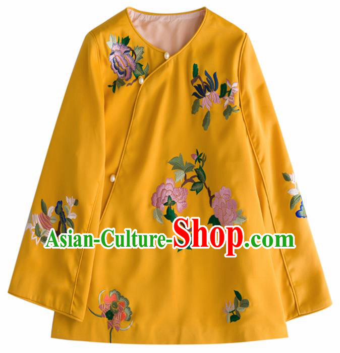 Chinese Traditional National Costume Tang Suit Upper Outer Garment Embroidered Peony Yellow Blouse for Women