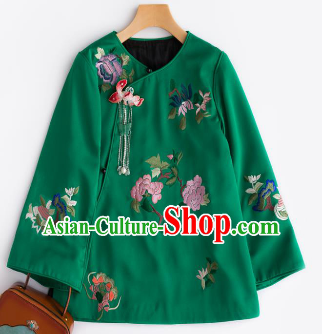 Chinese Traditional National Costume Tang Suit Upper Outer Garment Embroidered Peony Green Blouse for Women