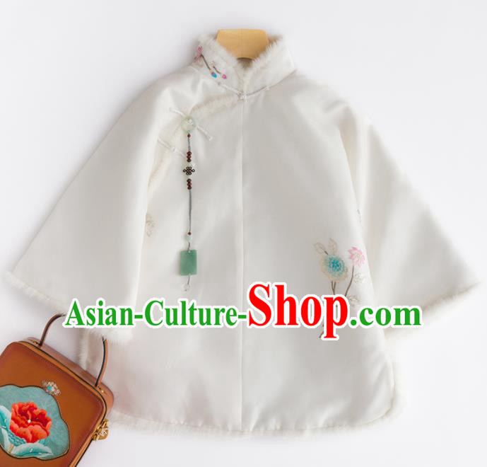 Chinese Traditional National Costume Tang Suit Upper Outer Garment Embroidered White Shirts for Women