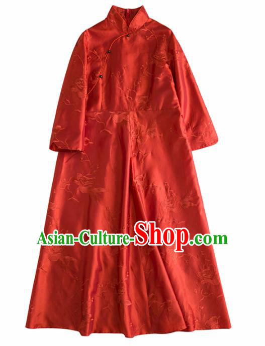 Chinese Traditional Costume National Cheongsam Embroidered Red Silk Qipao Dress for Women