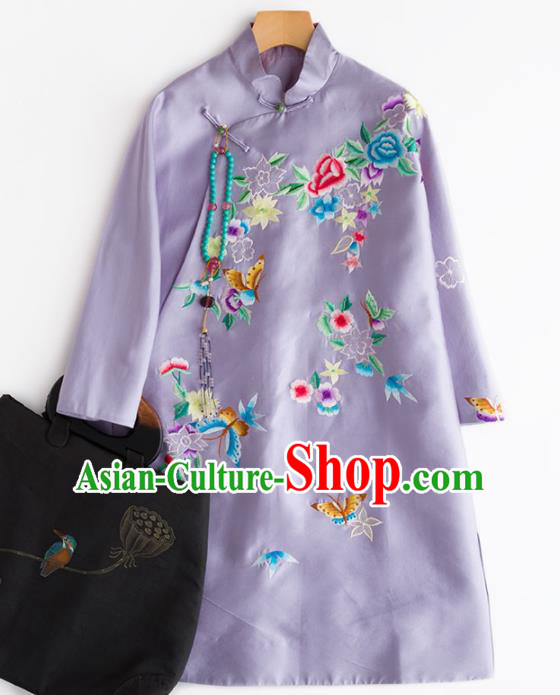 Chinese Traditional National Costume Tang Suit Embroidered Light Purple Coat for Women