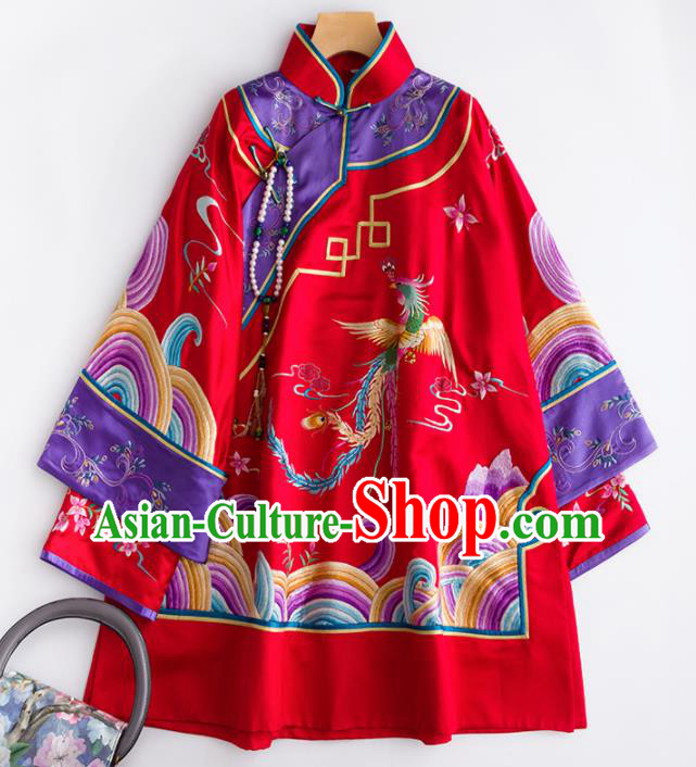 Chinese Traditional National Costume Tang Suit Embroidered Red Silk Blouse for Women
