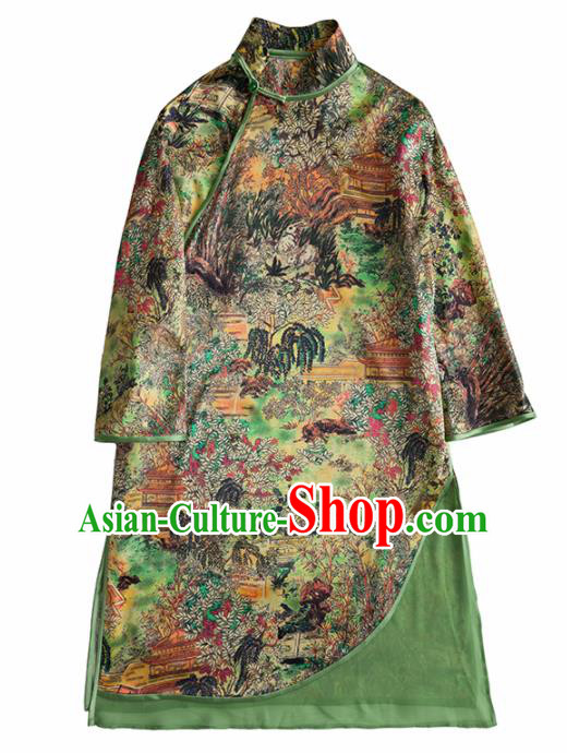 Chinese Traditional Costume National Cheongsam Green Silk Qipao Dress for Women