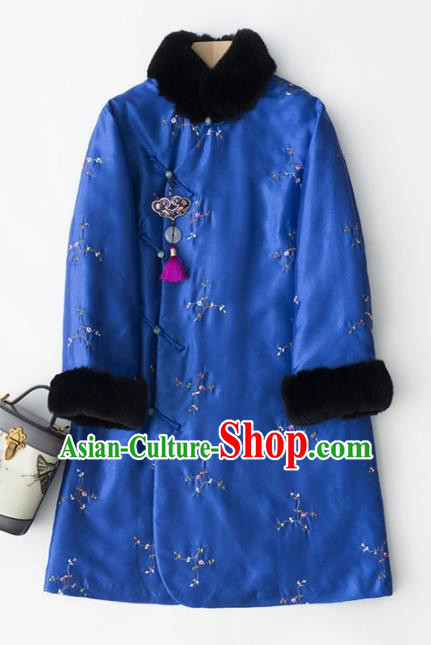 Chinese Traditional Costume National Winter Cheongsam Embroidered Blue Qipao Dress for Women