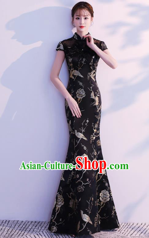Chinese Traditional National Costume Classical Cheongsam Embroidered Black Qipao Dress for Women
