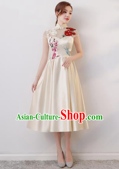 Chinese Traditional National Costume Classical Cheongsam Embroidered White Satin Qipao Dress for Women