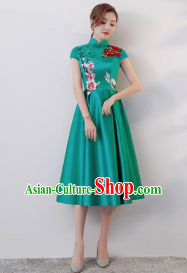 Chinese Traditional National Costume Classical Cheongsam Embroidered Green Satin Qipao Dress for Women