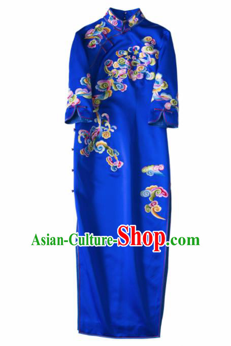 Chinese Traditional Costume National Cheongsam Embroidered Royalblue Silk Qipao Dress for Women