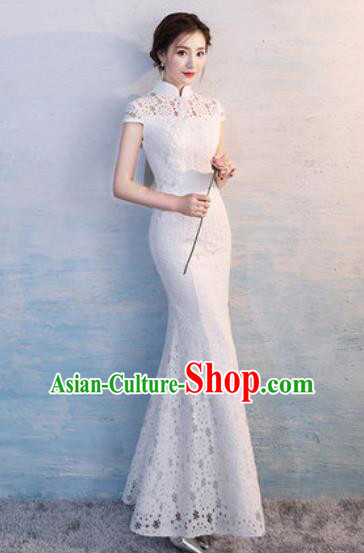 Chinese Traditional National Costume Classical Wedding Cheongsam Embroidered White Lace Full Dress for Women