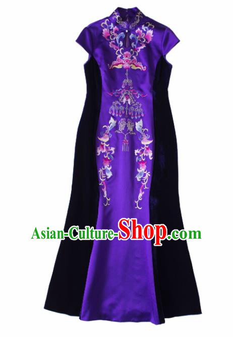 Chinese Traditional Costume National Cheongsam Embroidered Purple Qipao Dress for Women