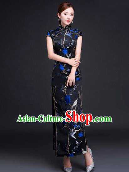 Chinese Traditional National Costume Classical Wedding Cheongsam Blue Peony Qipao Dress for Women