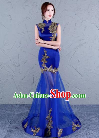 Chinese Traditional National Costume Classical Wedding Cheongsam Royalblue Veil Full Dress for Women