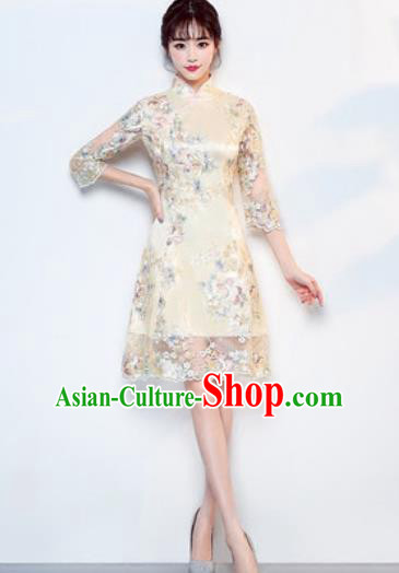 Chinese Traditional National Costume Classical Cheongsam Wedding Beige Full Dress for Women