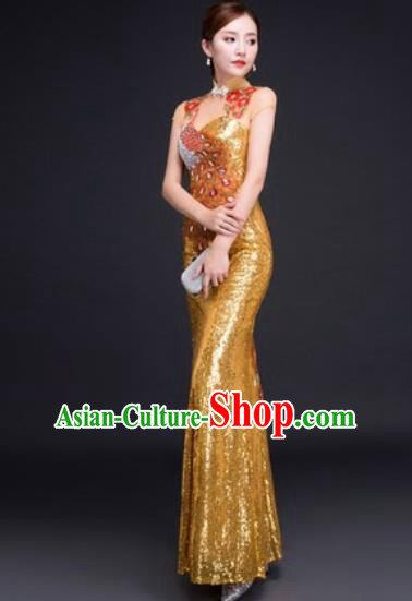 Chinese Traditional National Costume Classical Wedding Golden Fishtail Full Dress for Women