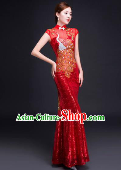 Chinese Traditional National Costume Classical Wedding Red Fishtail Full Dress for Women