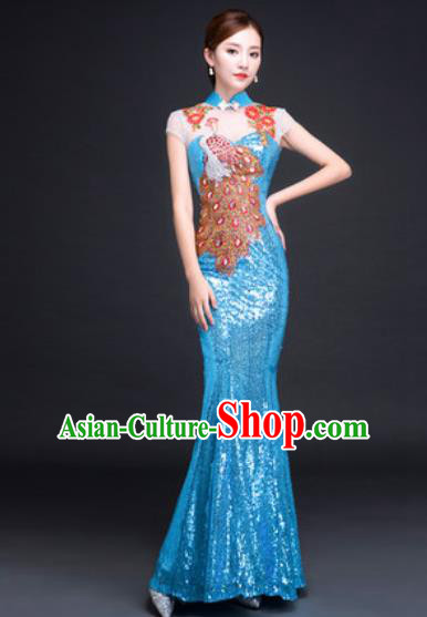 Chinese Traditional National Costume Classical Wedding Blue Fishtail Full Dress for Women