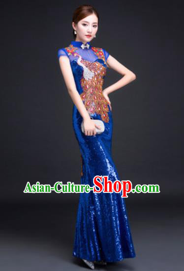 Chinese Traditional National Costume Classical Wedding Royalblue Fishtail Full Dress for Women