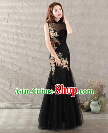 Chinese Traditional National Costume Classical Wedding Black Veil Fishtail Full Dress for Women