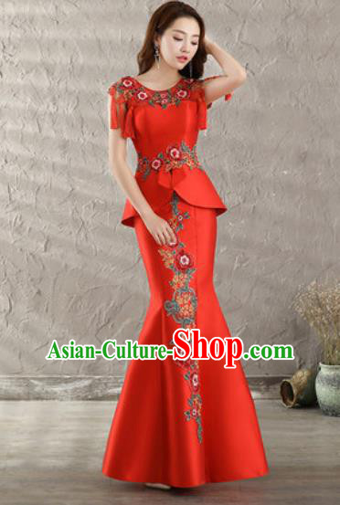 Chinese Traditional Wedding Costume Classical Embroidered Red Fishtail Full Dress for Women