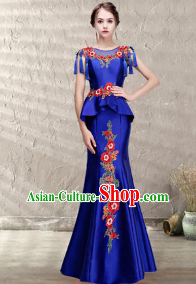 Chinese Traditional Wedding Costume Classical Embroidered Royalblue Fishtail Full Dress for Women
