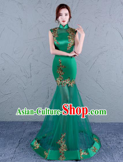 Chinese Traditional Wedding Costume Classical Embroidered Green Veil Full Dress for Women