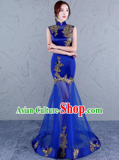 Chinese Traditional Wedding Costume Classical Embroidered Royalblue Veil Full Dress for Women