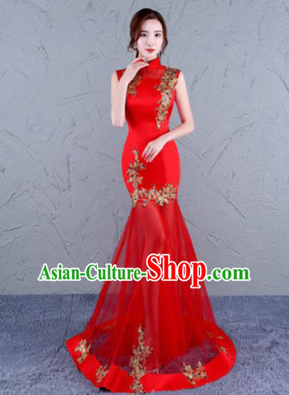 Chinese Traditional Wedding Costume Classical Embroidered Red Veil Full Dress for Women