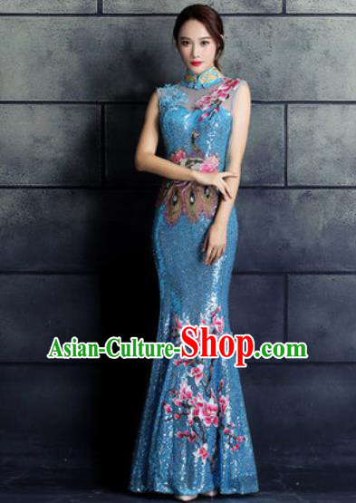 Chinese Traditional Wedding Costume Classical Embroidered Magnolia Blue Full Dress for Women