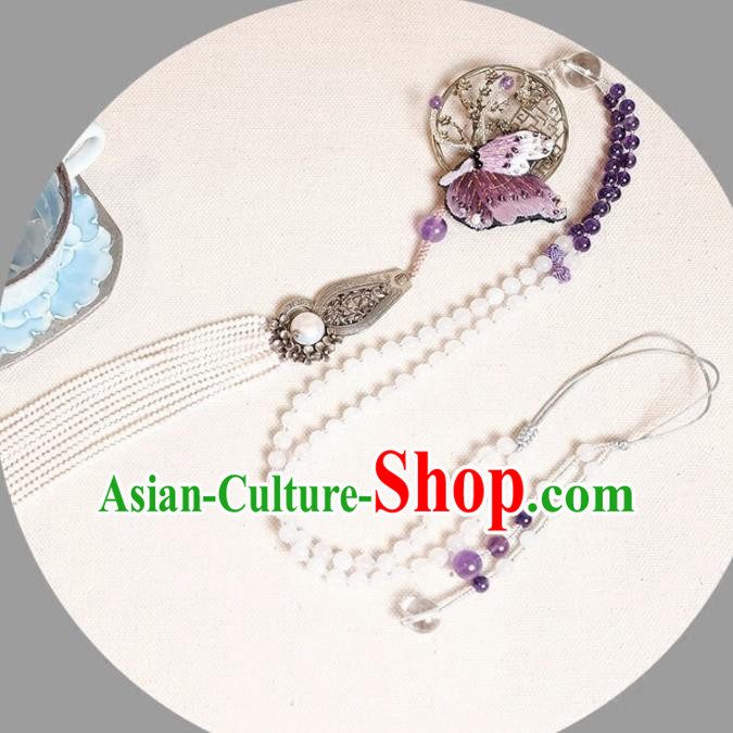 Chinese Traditional Jewelry Accessories Classical Pressure Front Embroidered Butterfly Tassel Brooch for Women