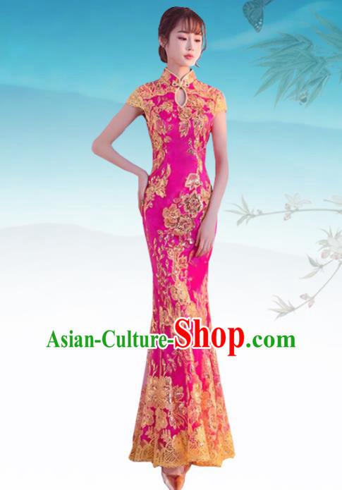 Chinese Traditional Wedding Costume Classical Embroidered Rosy Full Dress for Women