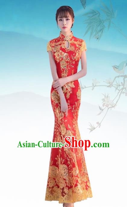 Chinese Traditional Wedding Costume Classical Embroidered Red Full Dress for Women