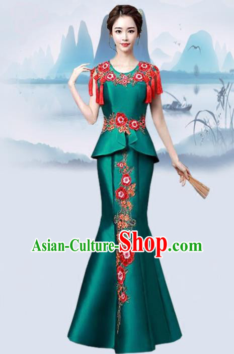 Chinese Traditional Wedding Costume Classical Embroidered Deep Green Full Dress for Women