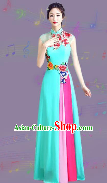 Chinese Traditional Cheongsam Costume Classical Embroidered Peony Blue Full Dress for Women