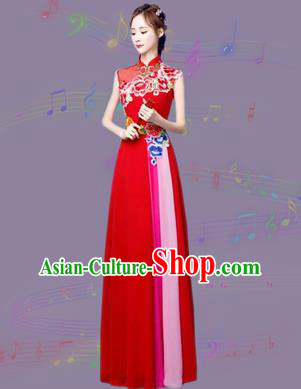 Chinese Traditional Cheongsam Costume Classical Embroidered Peony Red Full Dress for Women