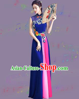Chinese Traditional Cheongsam Costume Classical Embroidered Peony Royalblue Full Dress for Women