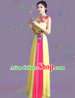 Chinese Traditional Cheongsam Costume Classical Embroidered Peony Yellow Full Dress for Women