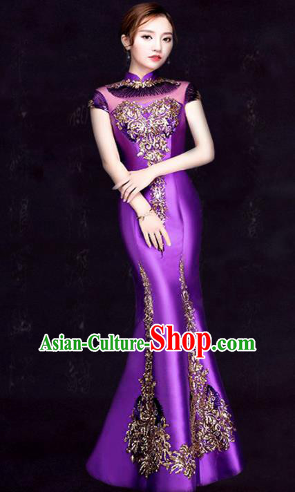 Chinese Traditional Fishtail Cheongsam Costume Classical Embroidered Purple Full Dress for Women