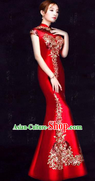 Chinese Traditional Fishtail Cheongsam Costume Classical Embroidered Red Full Dress for Women