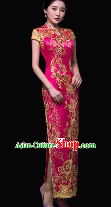 Chinese Traditional Embroidered Rosy Cheongsam Costume Classical Full Dress for Women