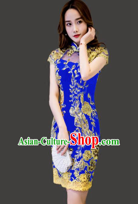 Chinese Traditional Blue Short Cheongsam Costume Classical Full Dress for Women