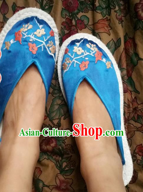 Chinese Ancient Princess Blue Slippers Traditional Embroidered Plum Blossom Shoes Hanfu Shoes for Women