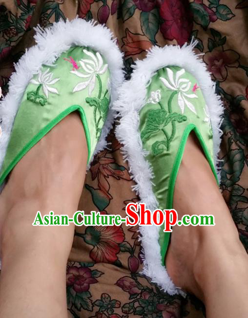 Chinese Ancient Princess Embroidered Lotus Green Slippers Traditional Shoes Hanfu Shoes for Women