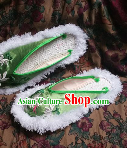 Chinese Ancient Princess Embroidered Lotus Green Slippers Traditional Shoes Hanfu Shoes for Women